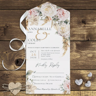 Invitation Tout En Un Boho Pampas & Roses Rose Dîner Blanc