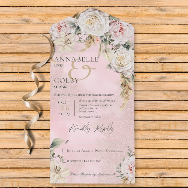 Invitation Tout En Un Boho Pampas & Roses Roses Rose Pink Pas de dîner (Also available with a QR code or with dinner selection options.)