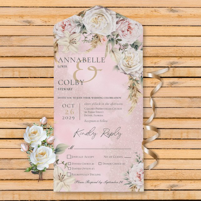 Invitation Tout En Un Boho Pampas & Roses Roses Roses Rose 3 Dîners (Boho Pampas & Pink Roses Pink 3 Dinner All In One Invitation)
