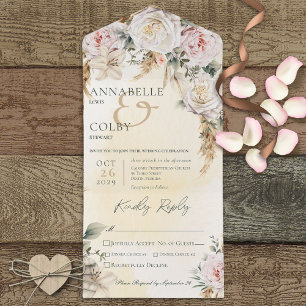 Invitation Tout En Un Boho Pampas & Roses Roses Roses Rose Dîner Jaune