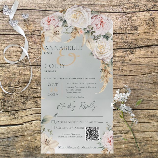 Invitation Tout En Un Boho Pampas & Roses roses vertes Code QR (Créateur téléchargé)