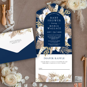 Invitation Tout En Un Boho Pampas White Orchid Baby shower bleu marine