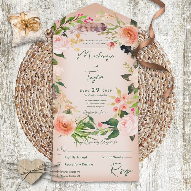 Invitation Tout En Un Boho Peach Floral Wreath & Feathers Dîner (Créateur téléchargé)