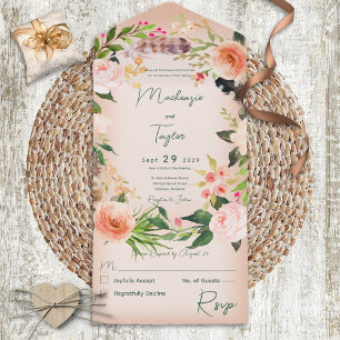 Invitation Tout En Un Boho Peach Floral Wreath & Feathers Pas de dîner