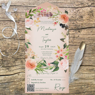 Invitation Tout En Un Boho Peach Floral Wreath & Feathers QR Code