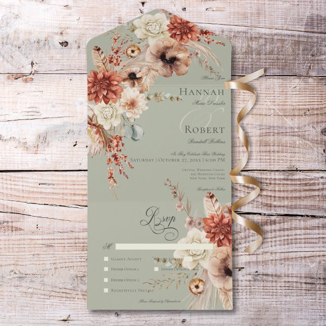 Invitation Tout En Un Boho Peach & Rust Floral & Feather Green Diner (Boho Peach & Rust Floral & Feather Green Dinner All In One Invitation)