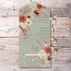 Invitation Tout En Un Boho Peach & Rust Floral & Feather Green No Dinner