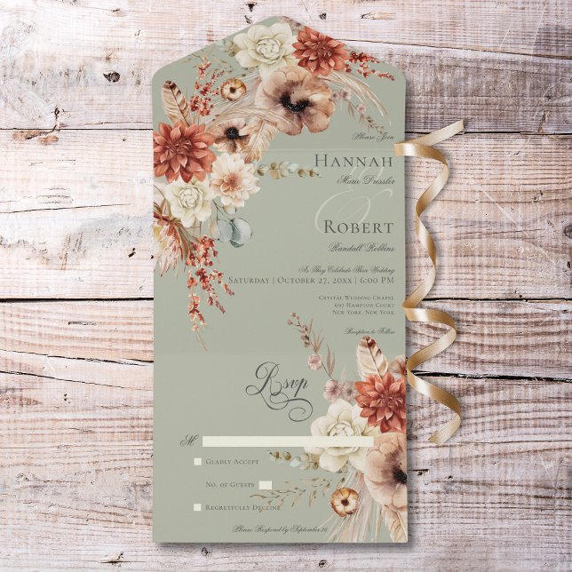 Invitation Tout En Un Boho Peach & Rust Floral & Feather Green No Dinner (Boho Peach & Rust Floral & Feather Green No Dinner All In One Invitation)