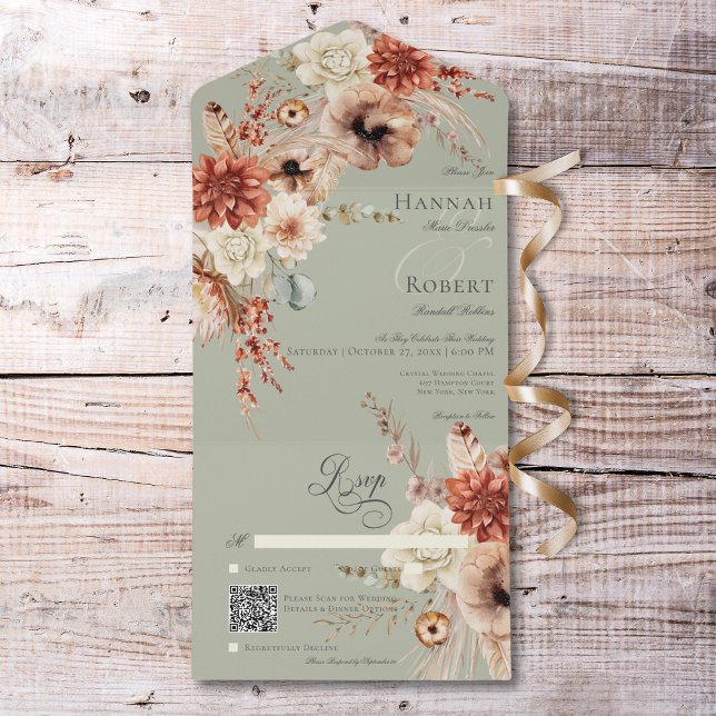 Invitation Tout En Un Boho Peach & Rust Floral & Feather Green QR Code (Boho Peach & Rust Floral & Feather Green QR Code All In One Invitation)