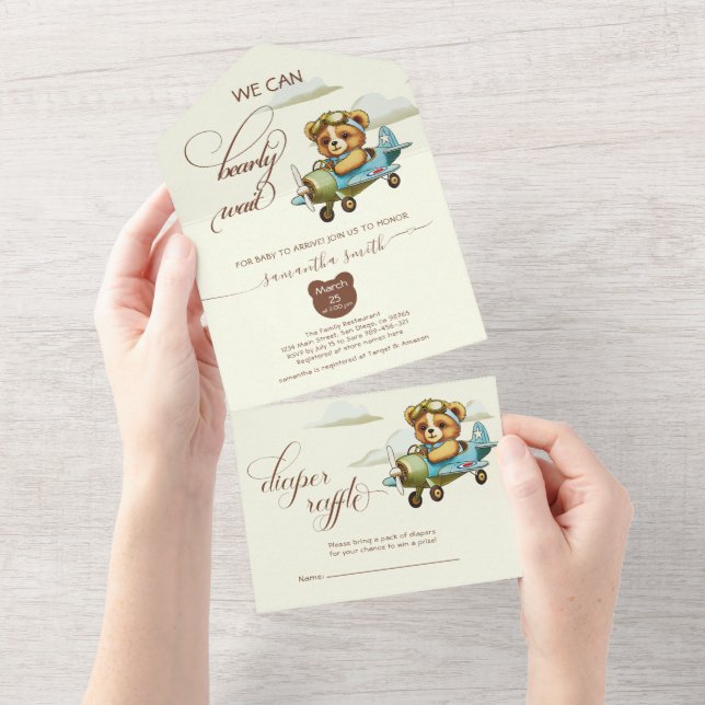 Invitation Tout En Un Boho Pilot Teddy Bear dans le Baby shower d'avion (Déchirure)