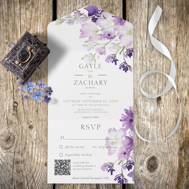 Invitation Tout En Un Boho pourpre Floral Blanc QR Code (Créateur téléchargé)