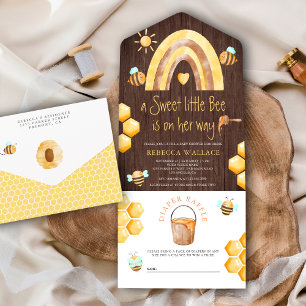 Invitation Tout En Un Boho Rainbow Sweet Little Bee Baby shower en bois