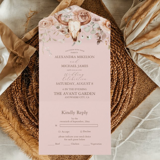 Invitation Tout En Un Boho rose Floral Mariage occidental (Créateur téléchargé)