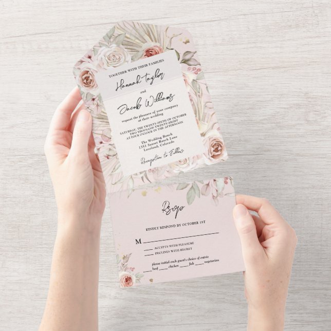 Invitation Tout En Un Boho rose floral rustique avec Mariage RSVP (Déchirure)