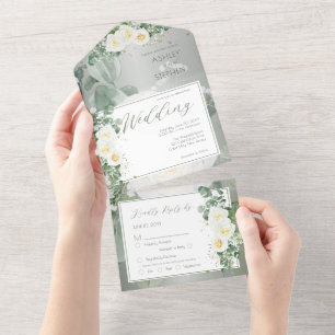 Invitation Tout En Un Boho Rose florale blanche   Eucalyptus Mariage