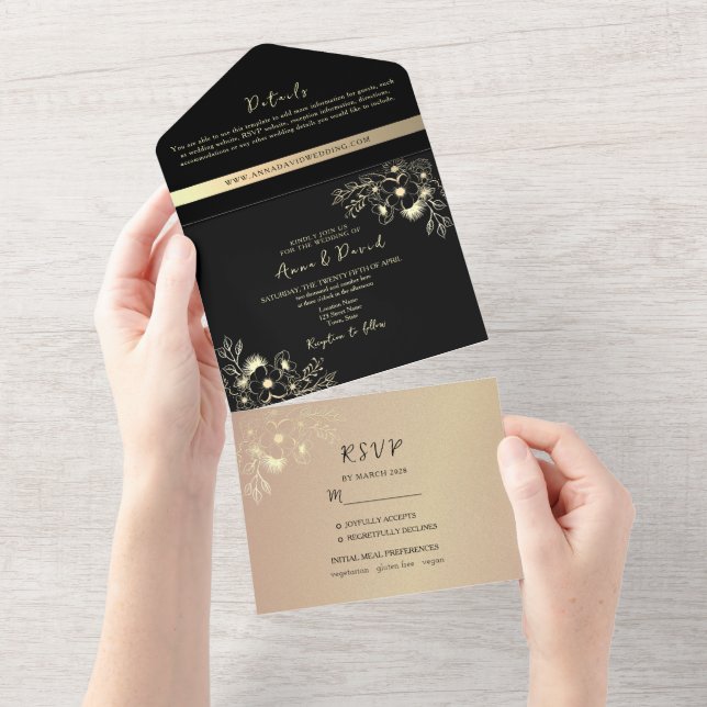 Invitation Tout En Un Boho Rose Gold et Black Mariage (Déchirure)