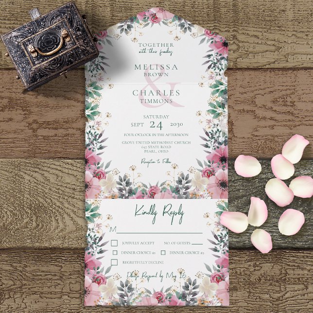 Invitation Tout En Un Boho rose vif fils floraux Dîner (Créateur téléchargé)