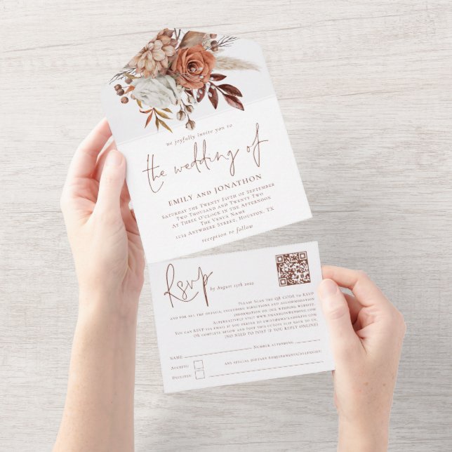 Invitation Tout En Un Boho rouille Flores écriture Brown QR (Déchirure)