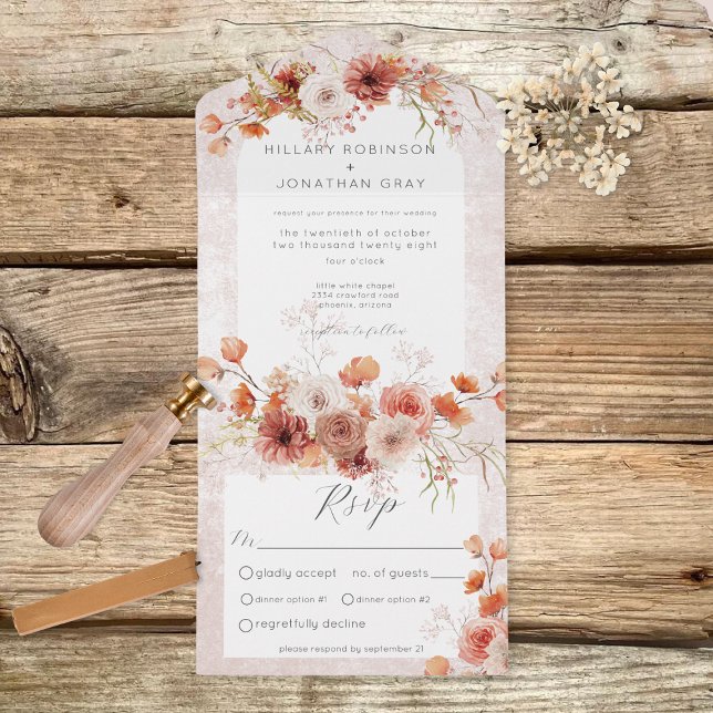 Invitation Tout En Un Boho rouille moderne et dîner floral neutre (Créateur téléchargé)