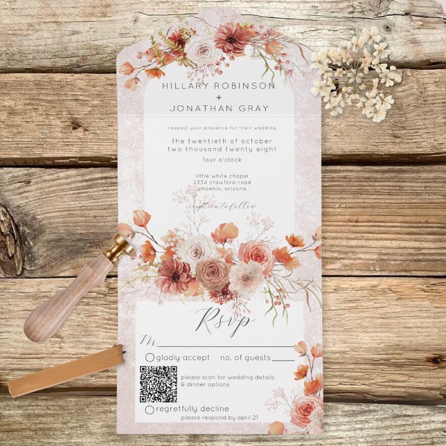 Invitation Tout En Un Boho rouille moderne & Neutres Floral QR Code (Créateur téléchargé)