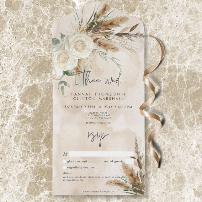 Invitation Tout En Un Boho Russe Roses Blanches & Pampas Mariage Pas de  (Boho Rustic White Roses & Pampas Wedding No Dinner All In One Invitation)
