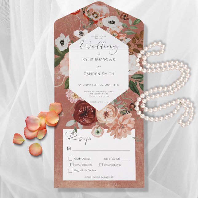 Invitation Tout En Un Boho Rust Burgundy Fall Floral Dîner (Available with a QR code or without dinner selection options.)