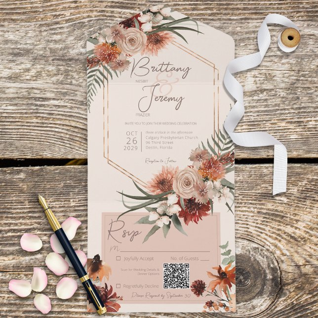 Invitation Tout En Un Boho Rust & Chute Neutre Crème Florale QR Code (Créateur téléchargé)
