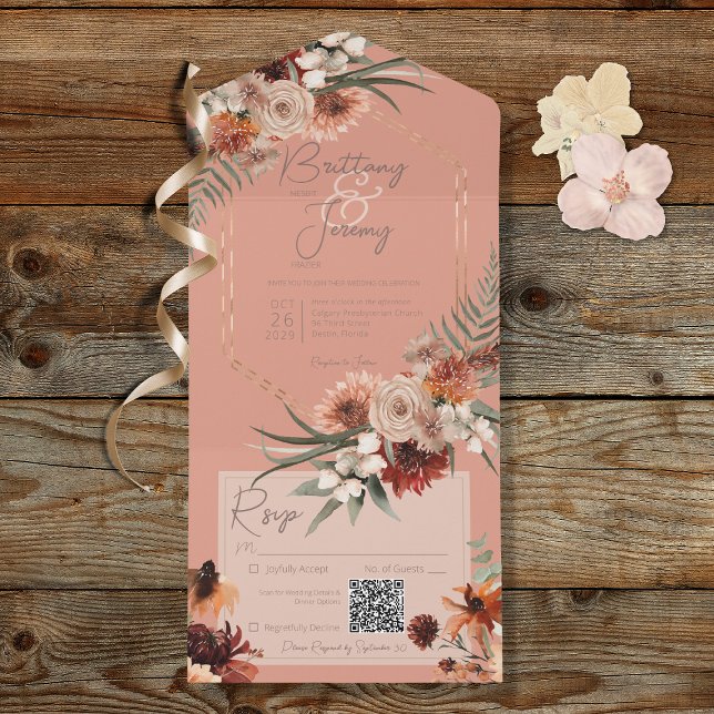 Invitation Tout En Un Boho Rust & Chute Neutre Floral Peach Rust QR Code (Also available without a QR code; with or without dinner selection options.)