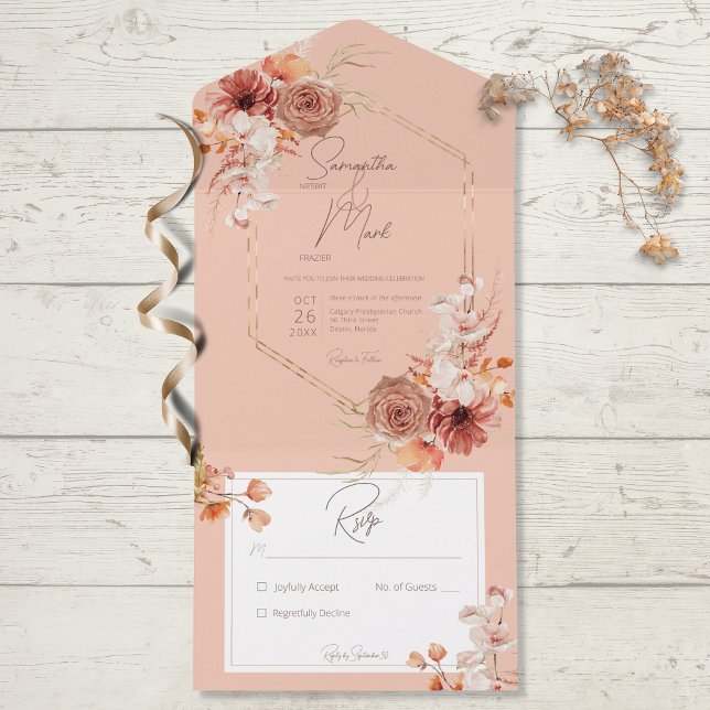 Invitation Tout En Un Boho Rust Fall Floral on Peach No Dinner (Créateur téléchargé)
