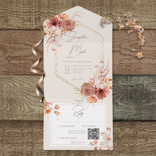 Invitation Tout En Un Boho Rust Fall Floral sur Crème QR Code