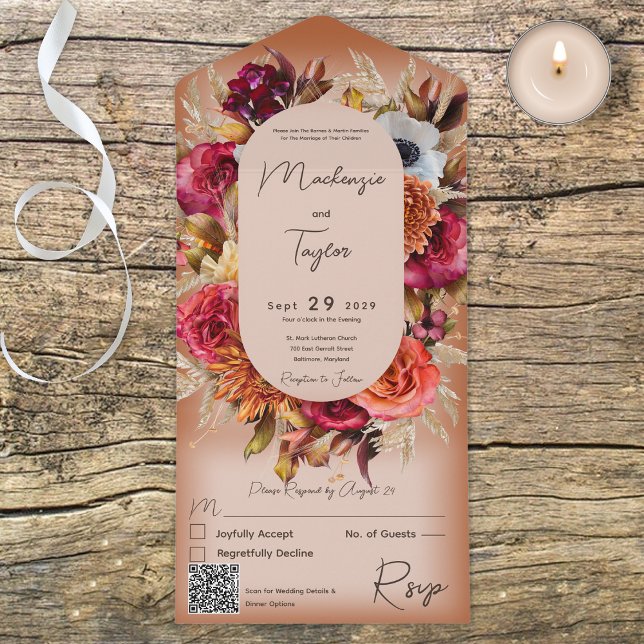 Invitation Tout En Un Boho Rust Moderne Floral Wreath QR Code (Créateur téléchargé)