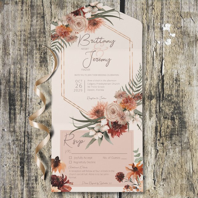 Invitation Tout En Un Boho Rust & Neutral Fall Floral Cream avec/ Détail (Boho Rust & Neutral Fall Floral Cream w/ Details All In One Invitation)