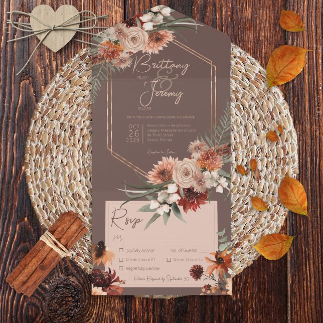Invitation Tout En Un Boho Rust & Neutral Fall Floral Dîner Brown (Créateur téléchargé)