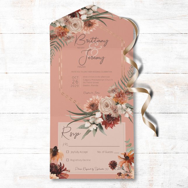 Invitation Tout En Un Boho Rust Neutre Automne Floral Peach Rust No Dinn (Also available with a QR code or with dinner selection options.)