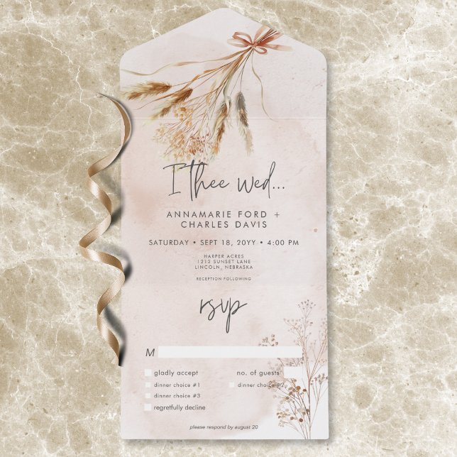 Invitation Tout En Un Boho Rustic Pampas & Dîner De Bouquet D'Herbe Séch (Boho Rustic Pampas & Dried Grass Bouquet Dinner All In One Invitation)