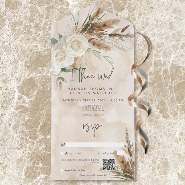 Invitation Tout En Un Boho Rustic White Roses & Pampas Mariage QR Code (Boho Rustic White Roses & Pampas Wedding QR Code All In One Invitation)
