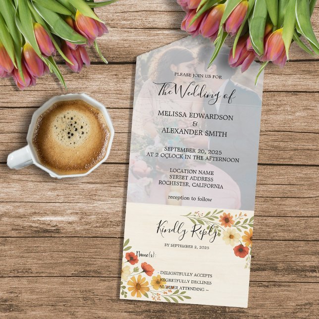 Invitation Tout En Un Boho rustique aquarelle mariage photo florale (Rustic boho watercolor floral photo wedding all in one invitation. Invitation and RSVP.)
