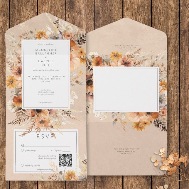 Invitation Tout En Un Boho Rustique Automne Pêche et rouille Floral QR C (Rustic Boho Fall Peach & Rust Floral QR Code All In One Invitation)