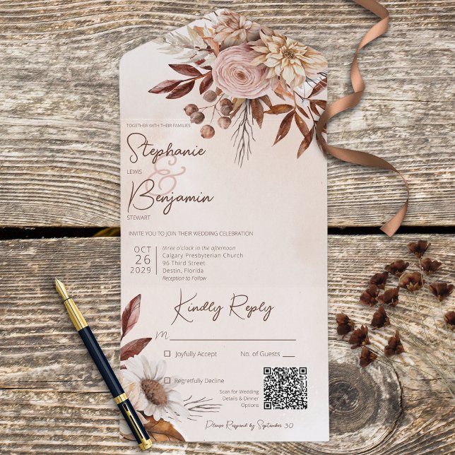Invitation Tout En Un Boho Rustique Blush Neutral Floral Tan QR Code (Créateur téléchargé)