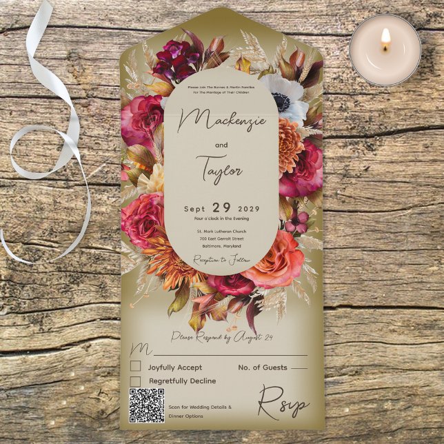 Invitation Tout En Un Boho Sage Green Moderne Floral Wreath QR Code (Créateur téléchargé)