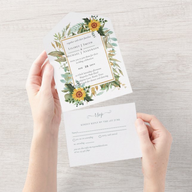 Invitation Tout En Un Boho Sunflower Sage Mariage de verdure (Déchirure)