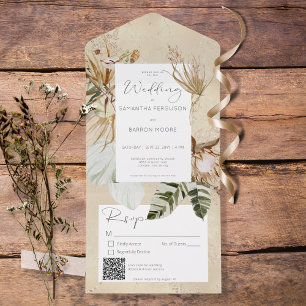 Invitation Tout En Un Boho Tan Floral Grass QR Code