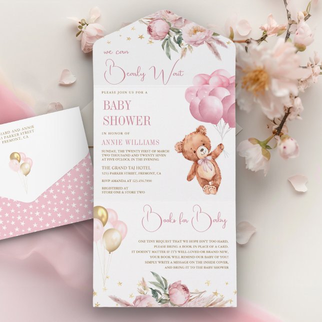 Invitation Tout En Un Boho Teddy Bear Balloons rose Baby shower Floral (Créateur téléchargé)
