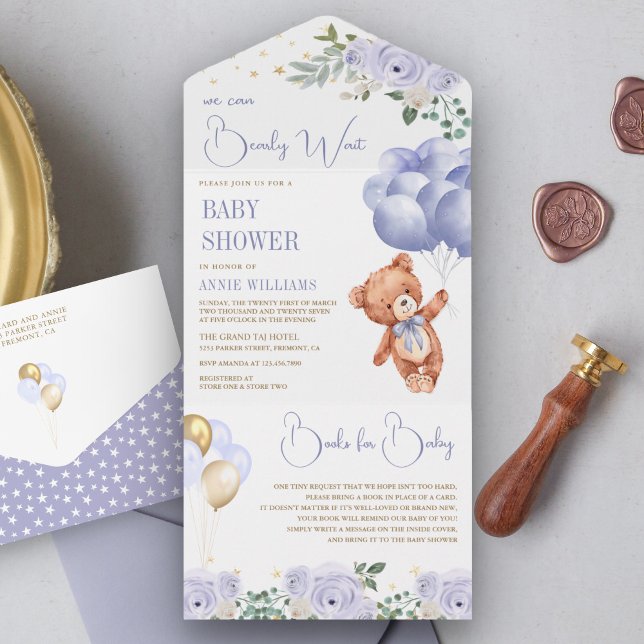 Invitation Tout En Un Boho Teddy Bear Balloons violets Baby shower Flora (Créateur téléchargé)