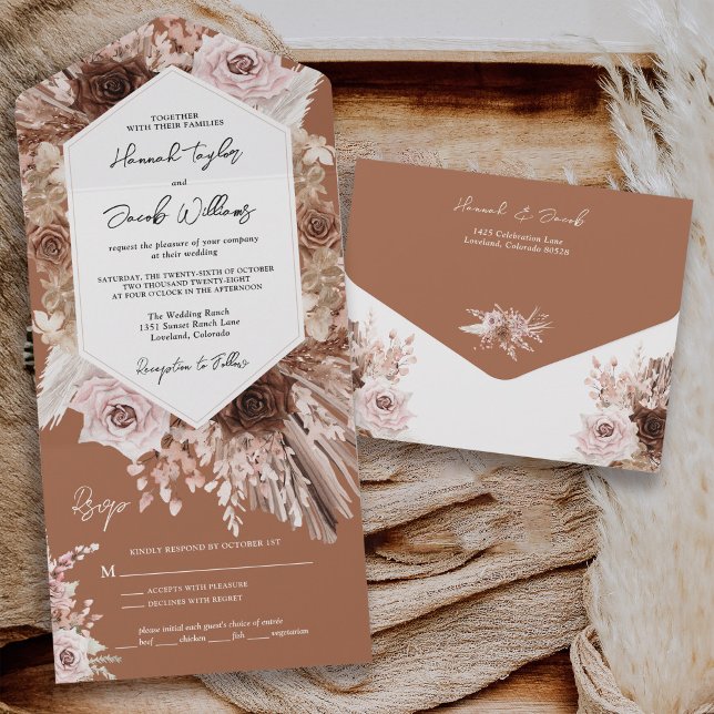 Invitation Tout En Un Boho Terracotta Pampas Grass avec Mariage RSVP (Créateur téléchargé)