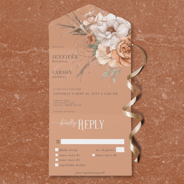 Invitation Tout En Un Boho Terracotta Pêche & Crème Dîner Floral (Boho Terracotta Peach & Cream Floral Dinner All In One Invitation)