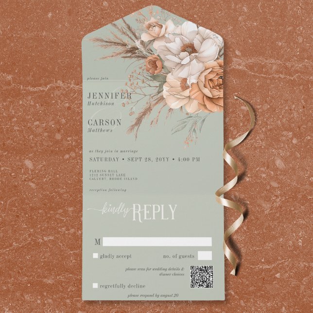 Invitation Tout En Un Boho Terracotta Pêche & Crème Floral Vert Code QR (Boho Terracotta Peach & Cream Floral Green QR Code All In One Invitation)