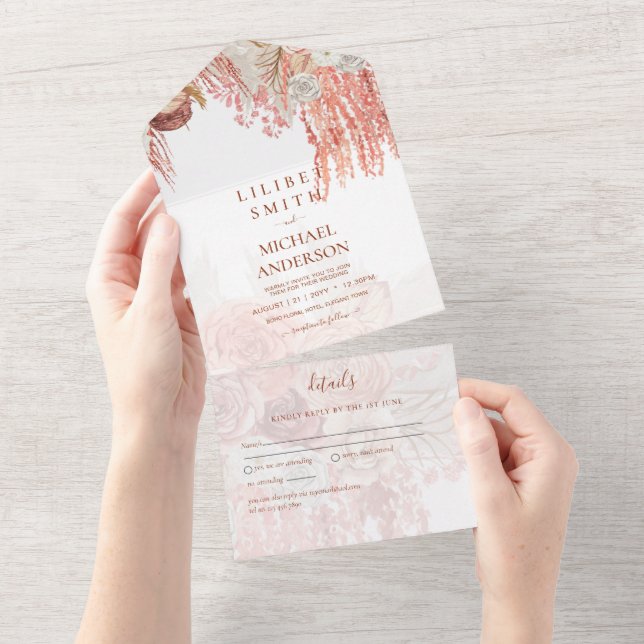 Invitation Tout En Un Boho Terracotta Rose Pampas Grass Mariage Floral (Déchirure)