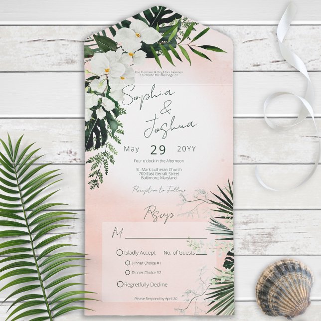 Invitation Tout En Un Boho Tropical Green Dîner Moderne Rose Blush (Créateur téléchargé)