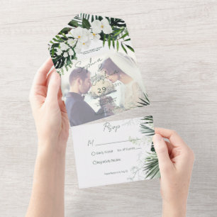 Invitation Tout En Un Boho Tropical Green Modern White Photo PERSONNALIS